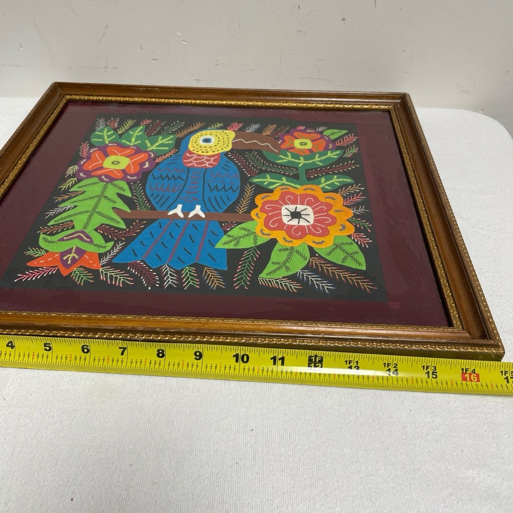 VTG Kuna Mola Folk embroidered Bird Fabric Art Framed @15x16” wooden frame - Picture 11 of 12